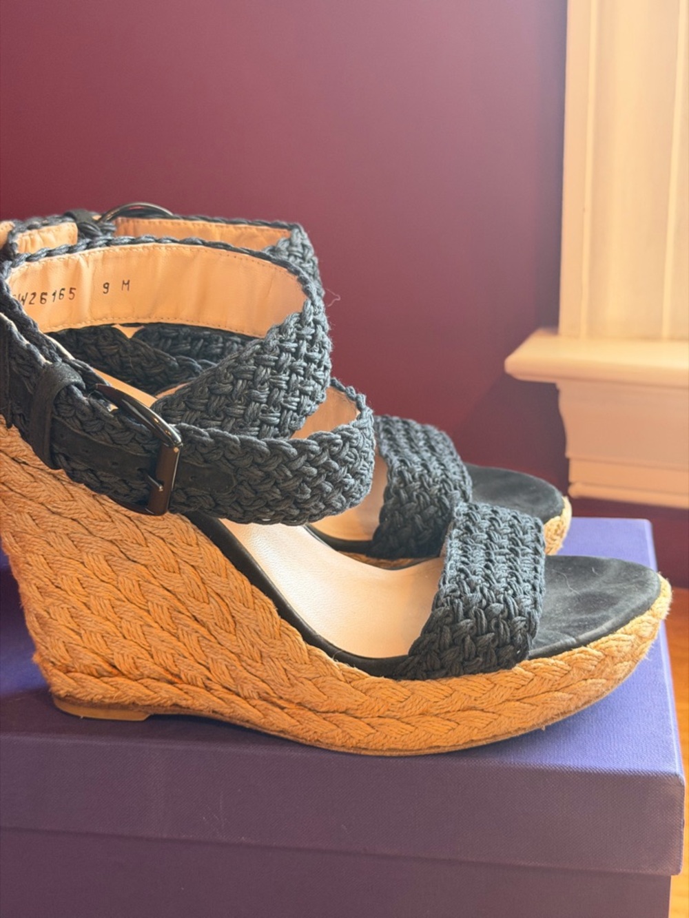 Stuart Weitzman Alex Black Braided Jute Wedge Sandals